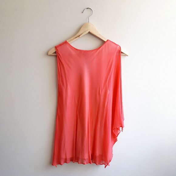 POLECI 100% Silk Cape Sleaveless Blouse in Bright Coral Red Pink Orange - Picture 2 of 16